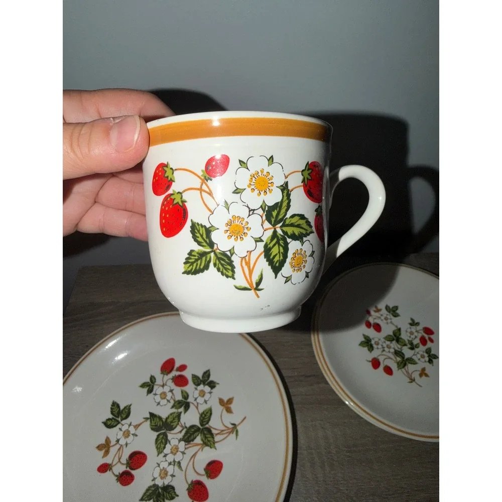 Vintage Strawberries n Cream Stoneware Japan 6 Piece Set Mugs Plates Cottagecore